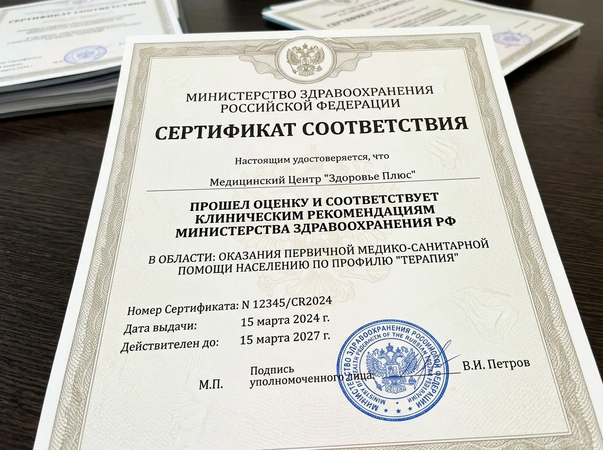 Сертификат соответствия клиническим рекомендациям Министерства здравоохранения РФ, официальный документ 2024 года